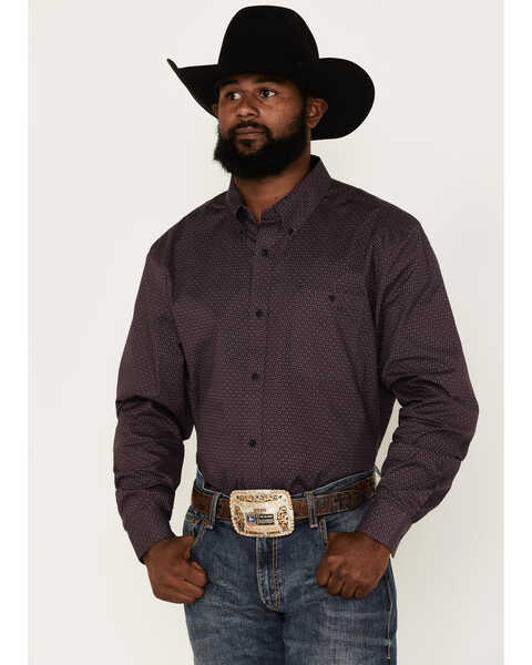RANK 45® Men's Geo Print Long Sleeve Button-Down Stretch Western Shirt, Purple, hi-res
