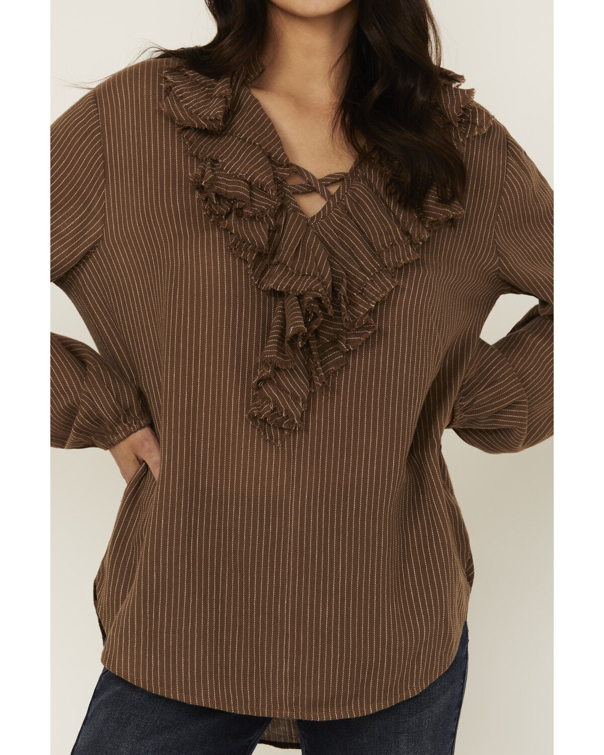Image #3 - Cleo + Wolf Women's Bren Ruffle Front Long Sleeve Shirt, Chocolate Brown, hi-res