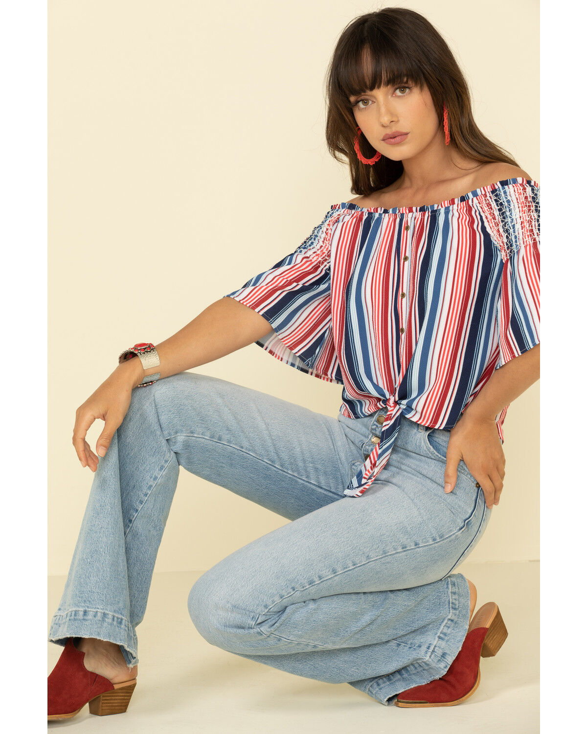Image #2 - Rock & Roll Denim Women's Americana Stripe Off Shoulder Crop Top, , hi-res