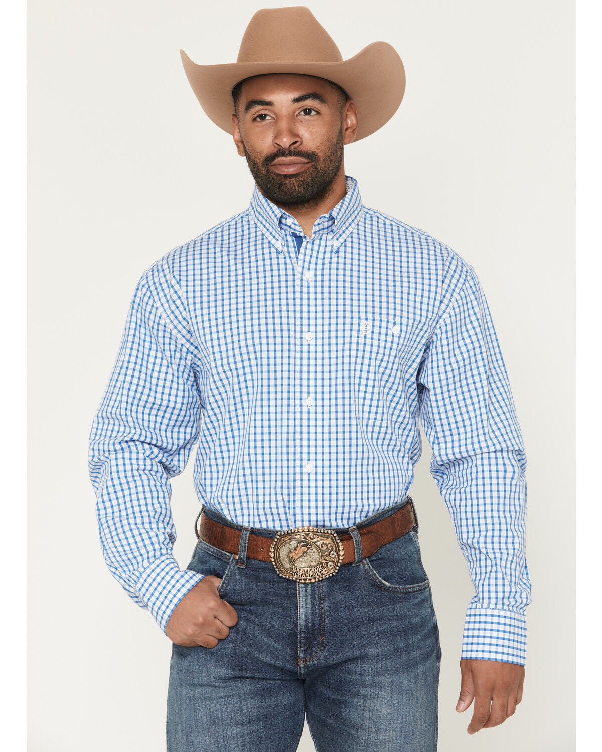 George Strait by Wrangler Men's Plaid Print Long Sleeve Button-Down Stretch Western Shirt - Tall, Blue, hi-res