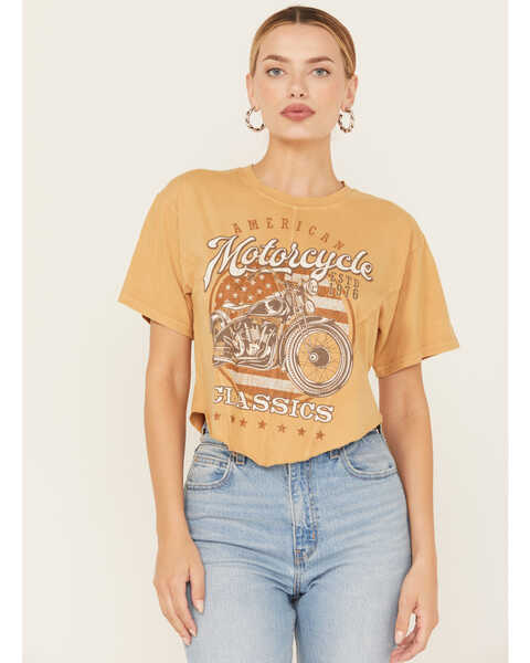 Image #1 - Youth in Revolt Women's Moto Seamed Cropped Graphic Tee, Mustard, hi-res
