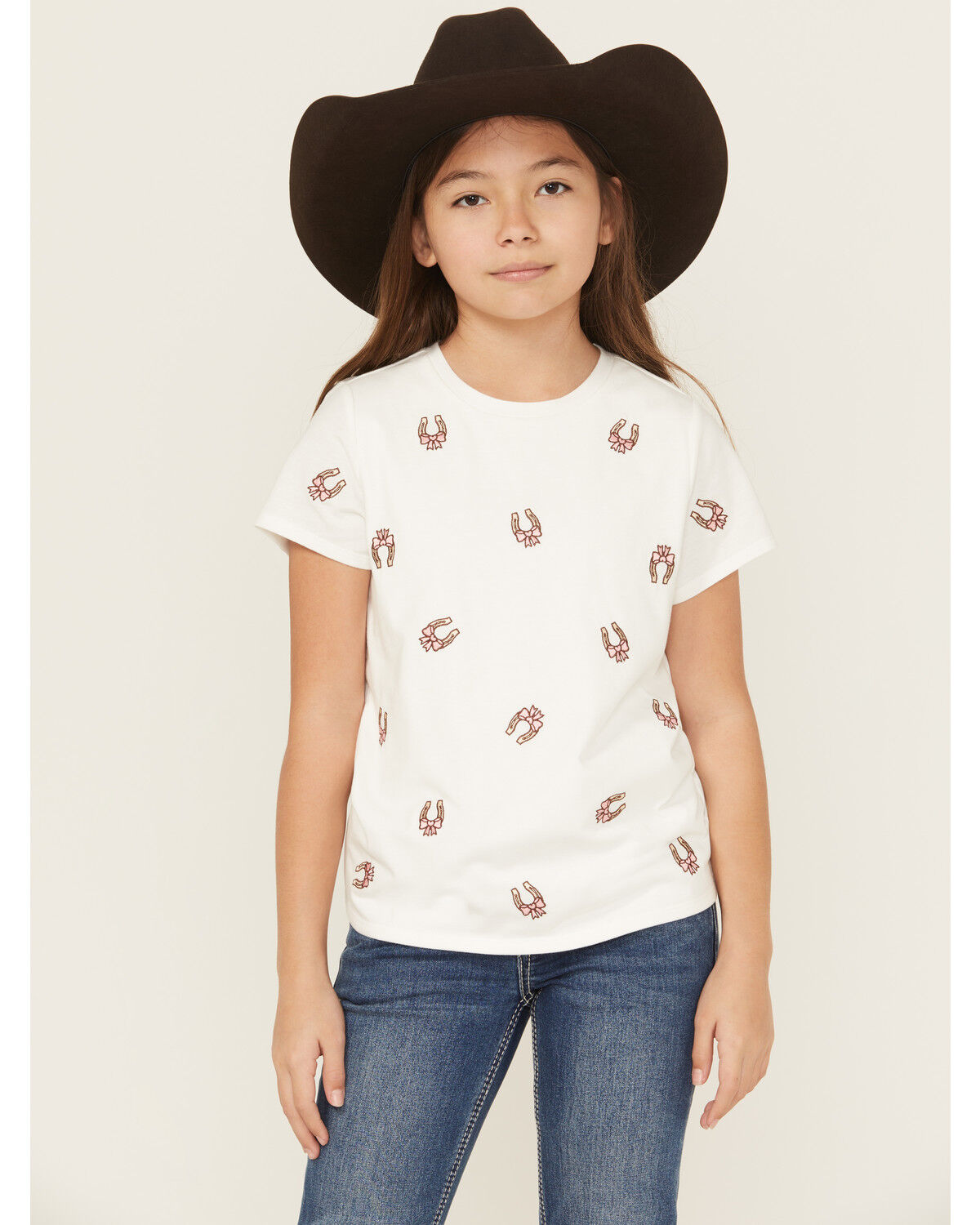 Image #1 - Shyanne Girls' Bow Horseshoe Embroidered Short Sleeve Tee, Pink, hi-res