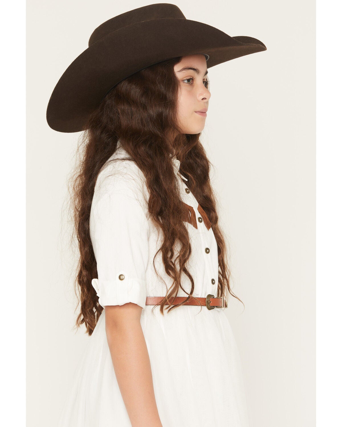 Image #2 - Sugar California Girls' Fringe Long Sleeve Button-Down Denim Tutu Dress, Ivory, hi-res