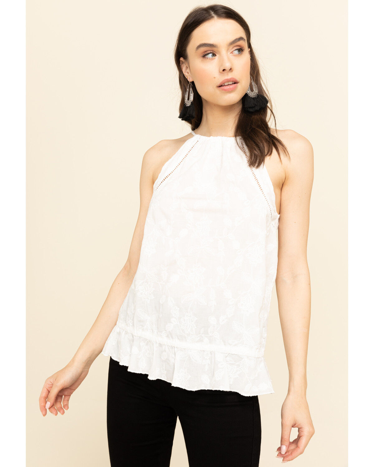 Image #1 - Rock & Roll Denim Women's Ivory Floral Embroidered Halter Top, Ivory, hi-res