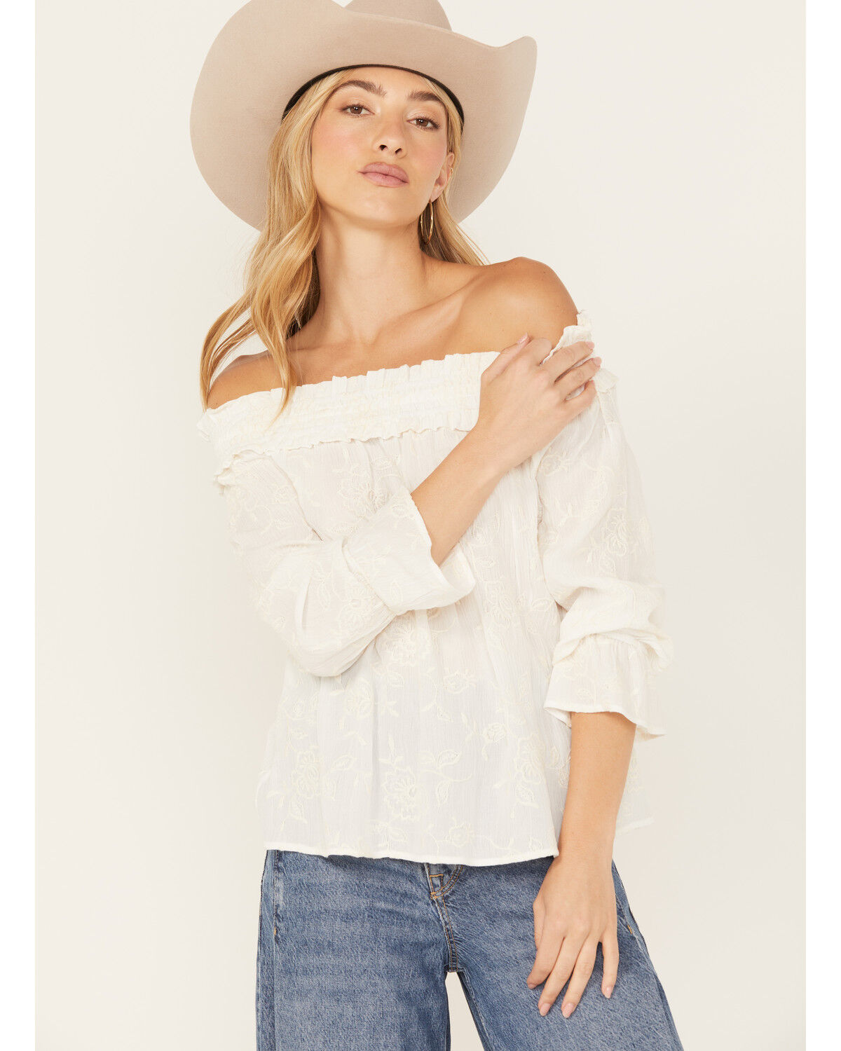Image #1 - Wild Moss Women's Embroidered Floral Off The Shoulder Long Sleeve Top, Ivory, hi-res