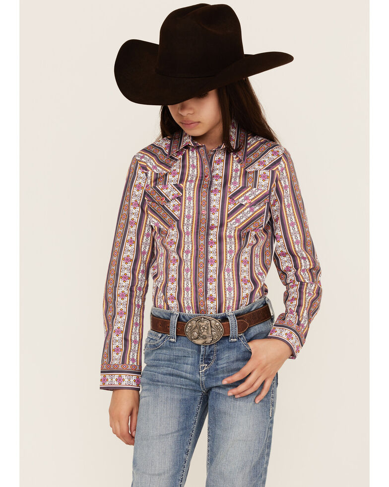 Cruel Girl Girl's Medallion Stripe Print Long Sleeve Western Snap Shirt, Purple, hi-res