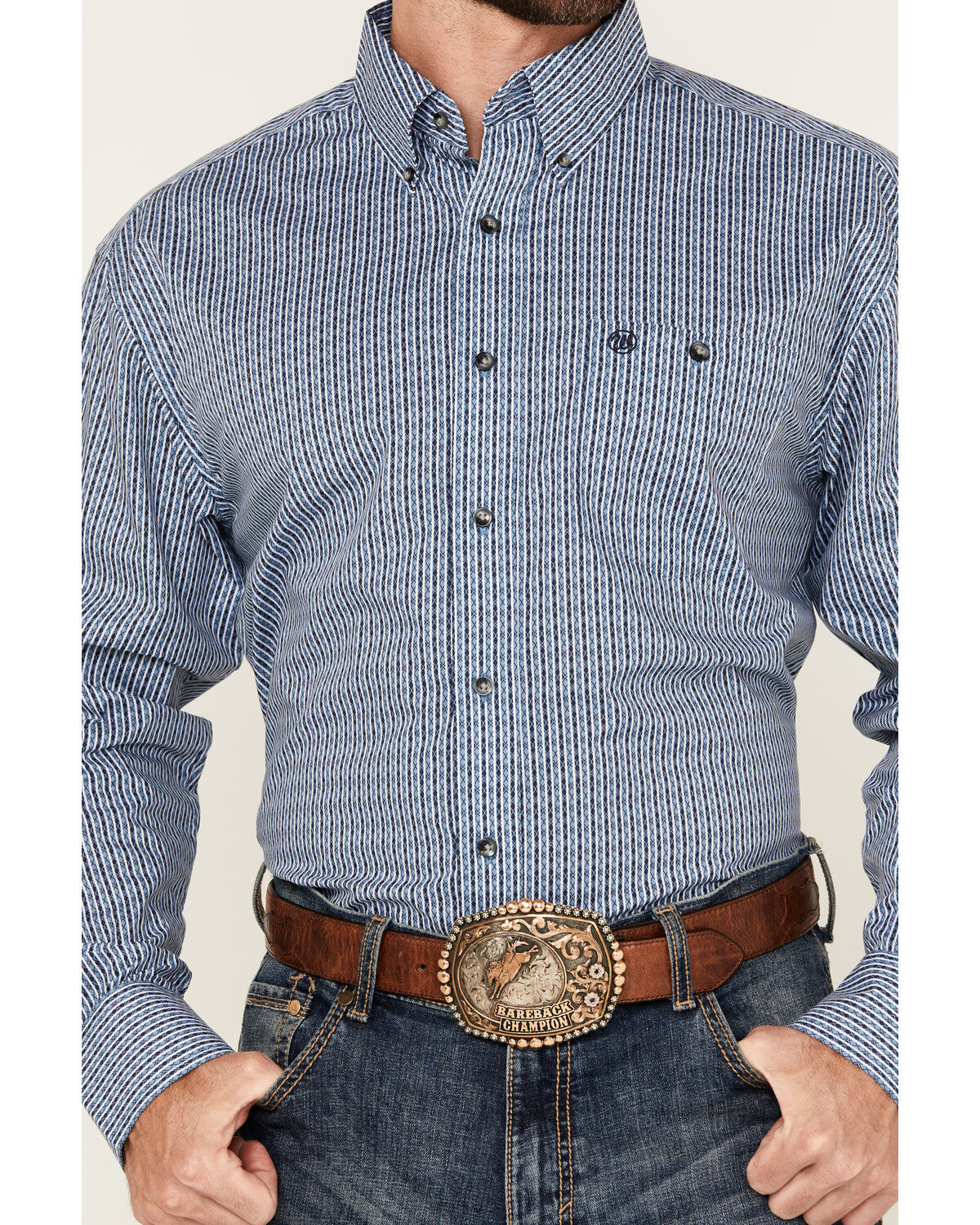 Image #3 - Wrangler Men's Striped Geo Print Long Sleeve Button-Down Western Shirt, Blue, hi-res