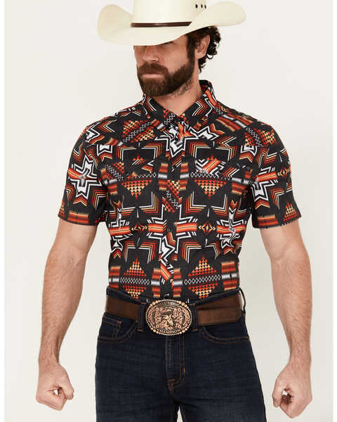 Rock & Roll Denim Men's Southwestern Short Sleeve Snap Western Shirt , Black, hi-res