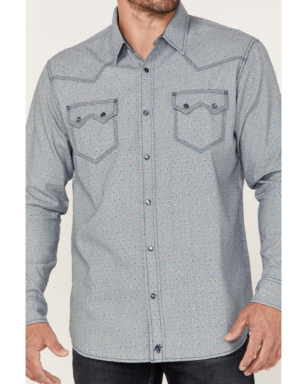 Image #3 - Moonshine Spirit Men's Bull Eye Floral Plaid Print Long Sleeve Pearl Snap Western Shirt, Navy, hi-res
