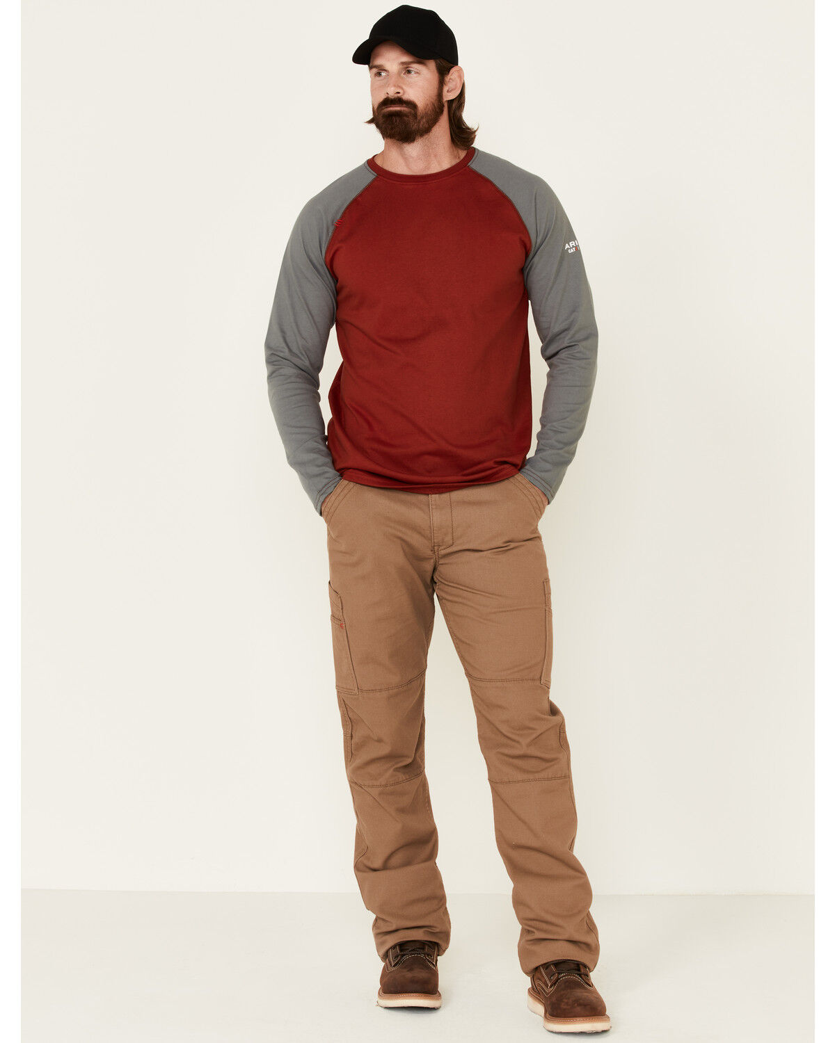 Image #2 - Ariat Men's FR Long Sleeve Baseball Work T-Shirt, Red, hi-res