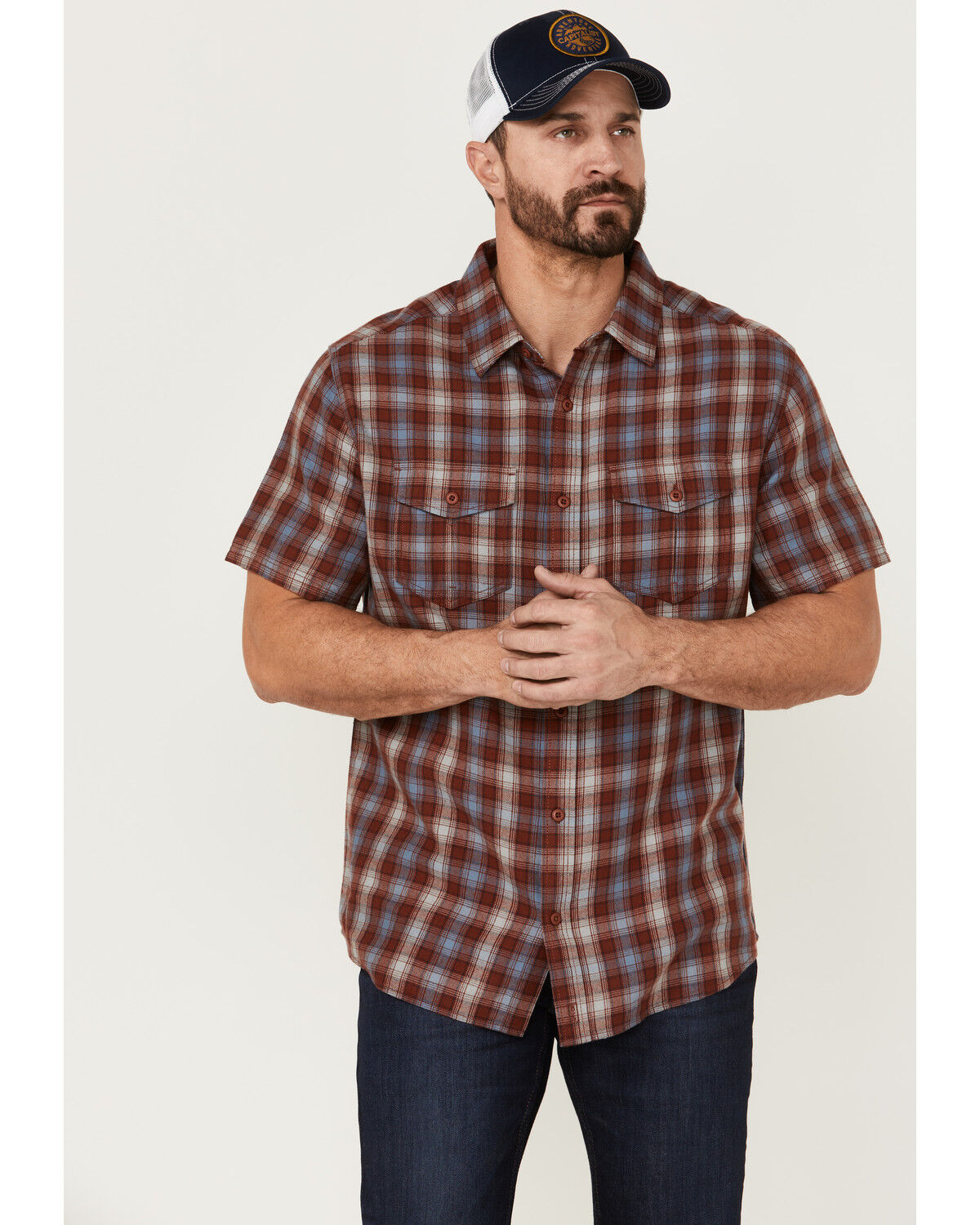 Image #1 - Brothers and Sons Men's Plaid Casual Woven Short Sleeve Button-Down Western Shirt, Red, hi-res