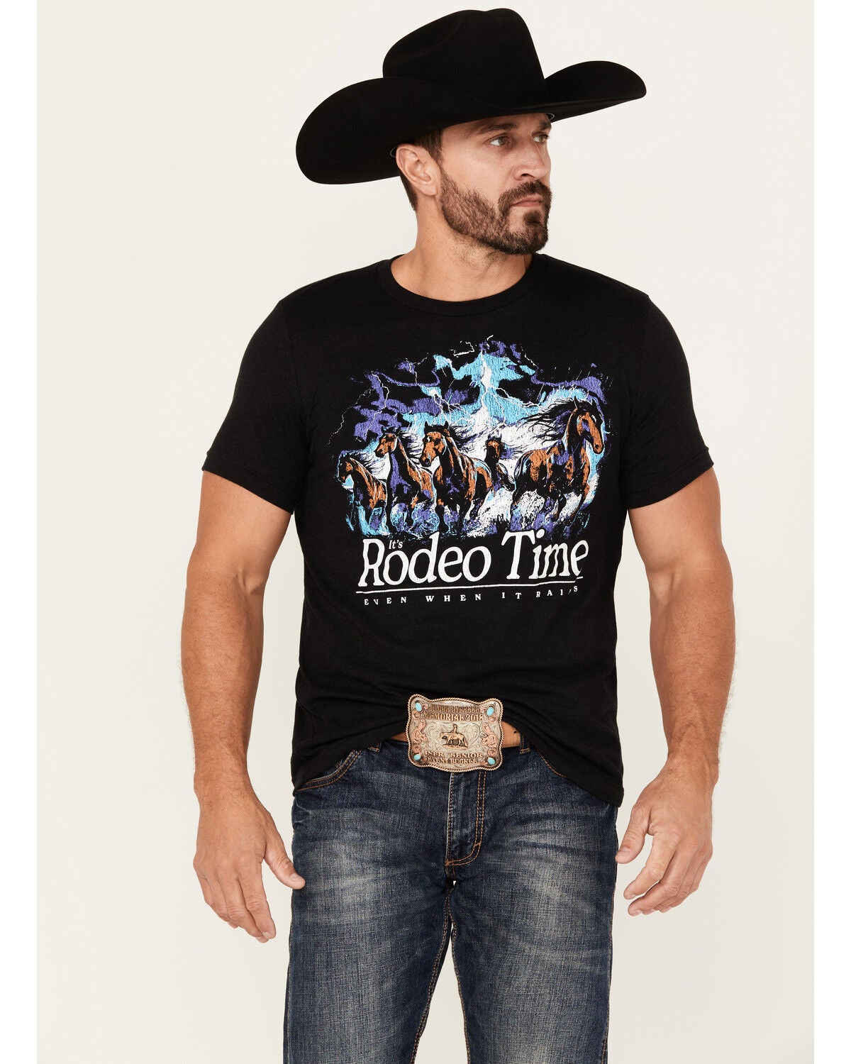 Rodeo Time Men's Even When It Rains Short Sleeve Graphic T-Shirt, Black, hi-res