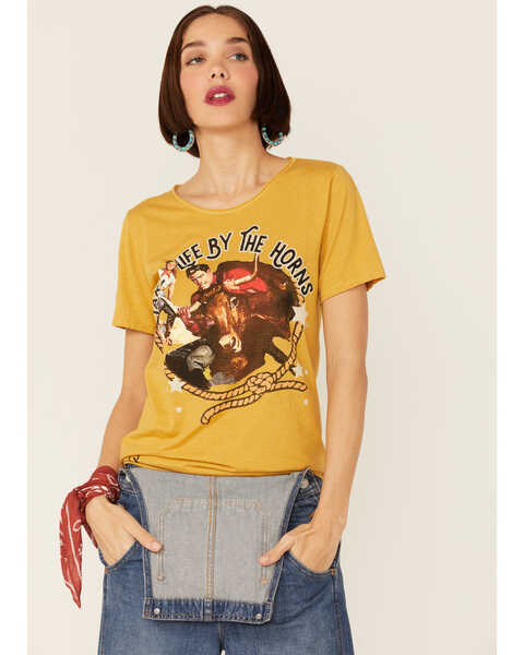 Rodeo Quincy Women's Grab Life By The Horns Graphic Short Sleeve Tee , Mustard, hi-res