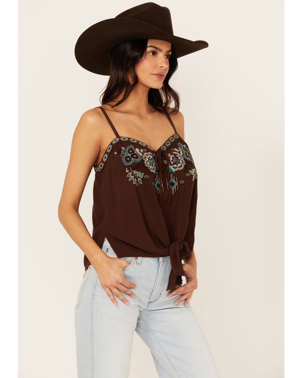Image #2 - Shyanne Women's Embroidered Tie Front Tank, Dark Brown, hi-res