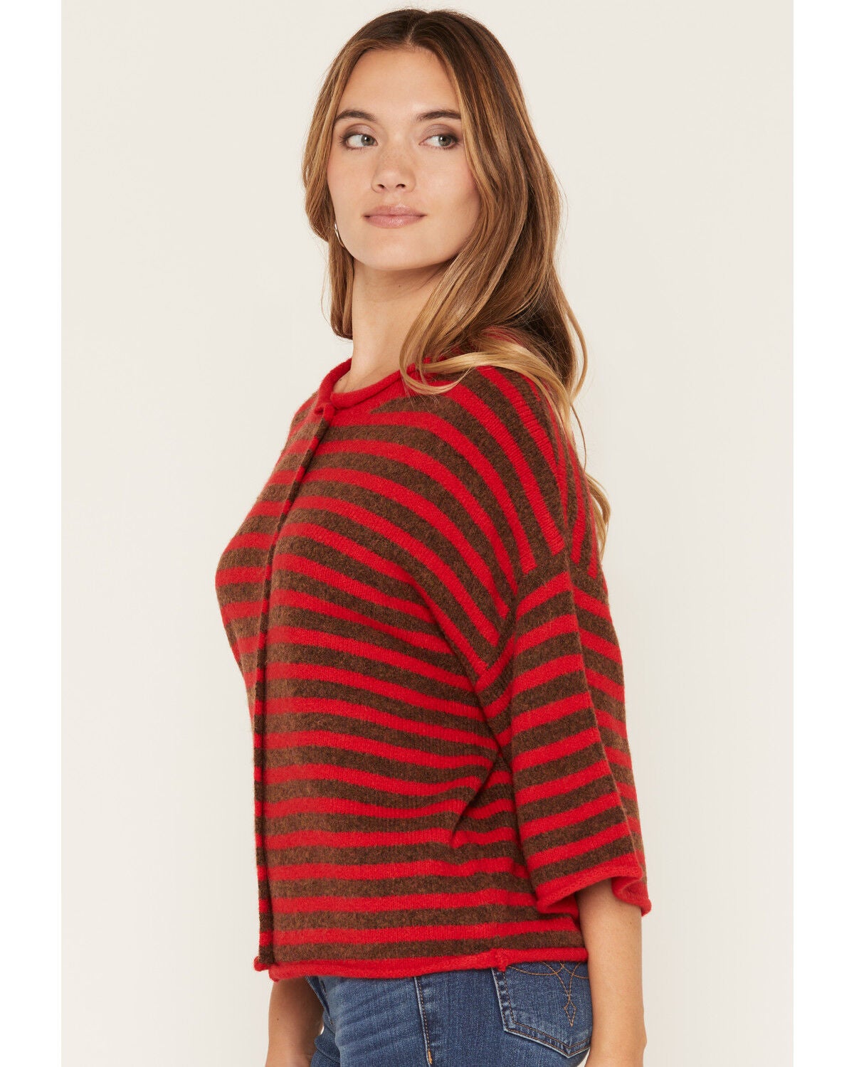 Image #2 - By Together Women's Striped Short Sleeve Button-Down Sweater, Red, hi-res