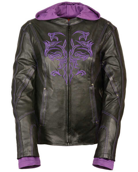 Milwaukee Leather Women's 3/4 Leather Jacket With Reflective Tribal Detail - 3X, Black/purple, hi-res