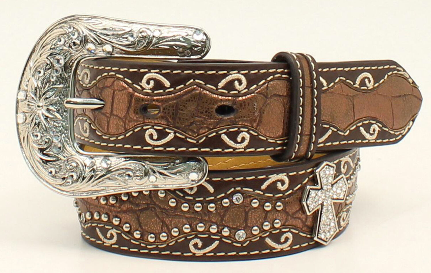 Image #1 - Ariat Girls Studded Cross Inlay Belt, Brown, hi-res