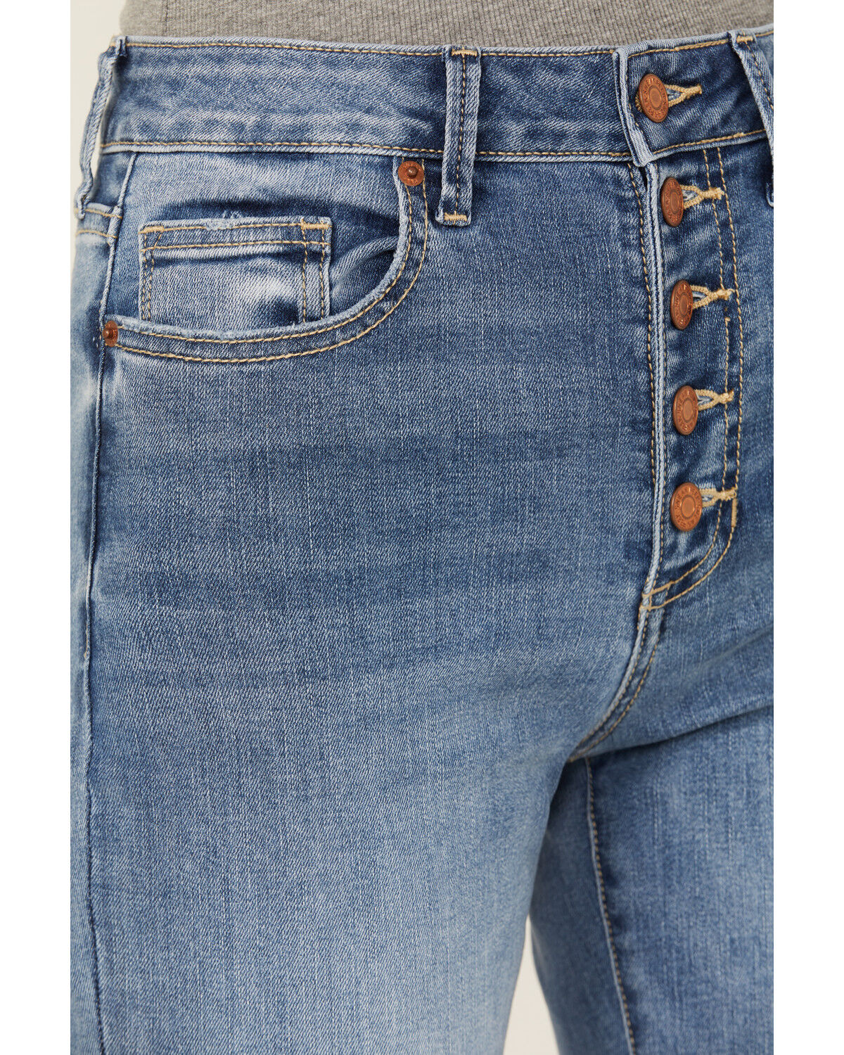 Image #2 - Sneak Peek Women's Medium Wash High Rise Exposed Button-Fly Stretch Bootcut Jeans, Medium Wash, hi-res