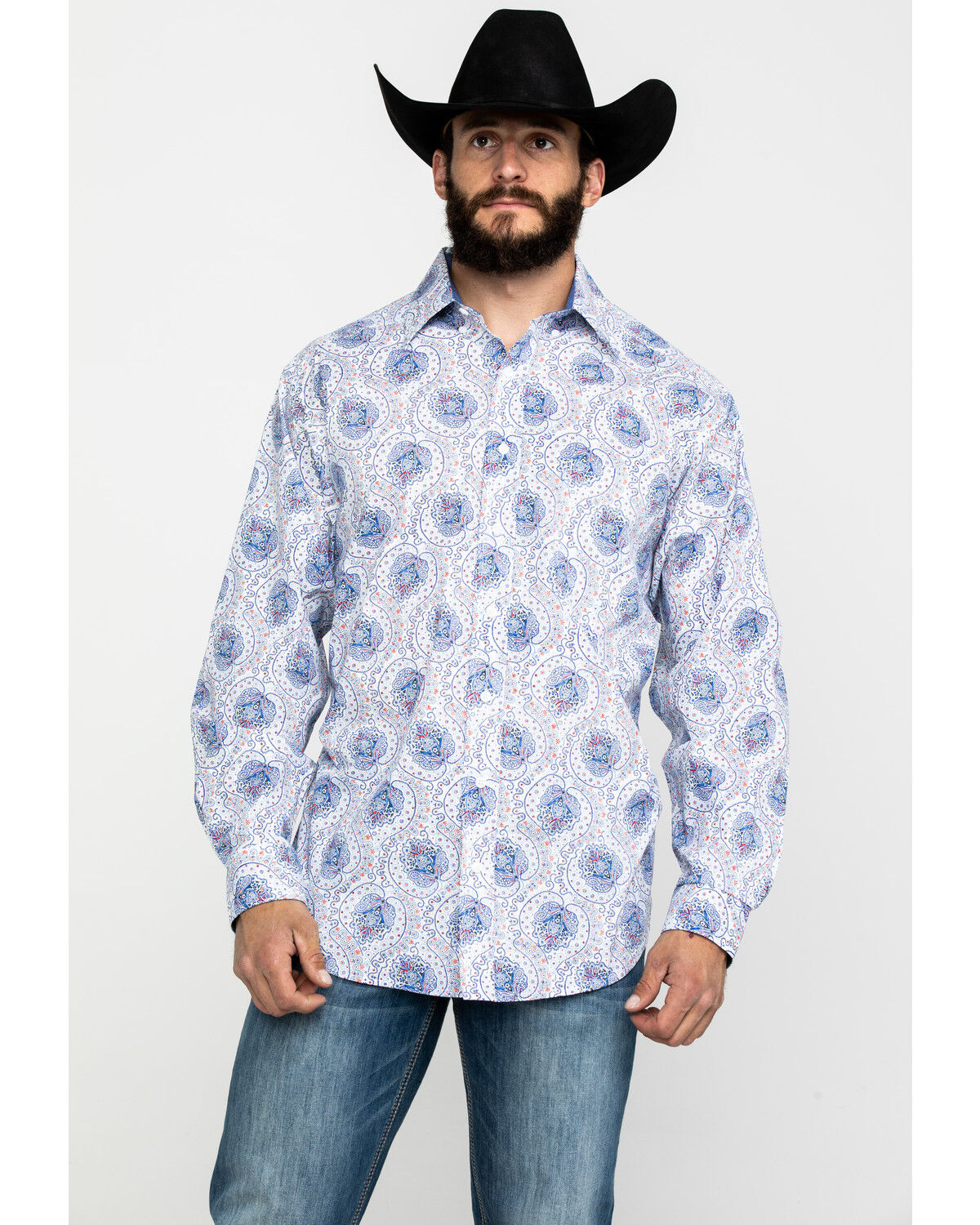 Image #5 - Tuf Cooper Men's Stretch Paisley Print Long Sleeve Western Shirt, Blue, hi-res