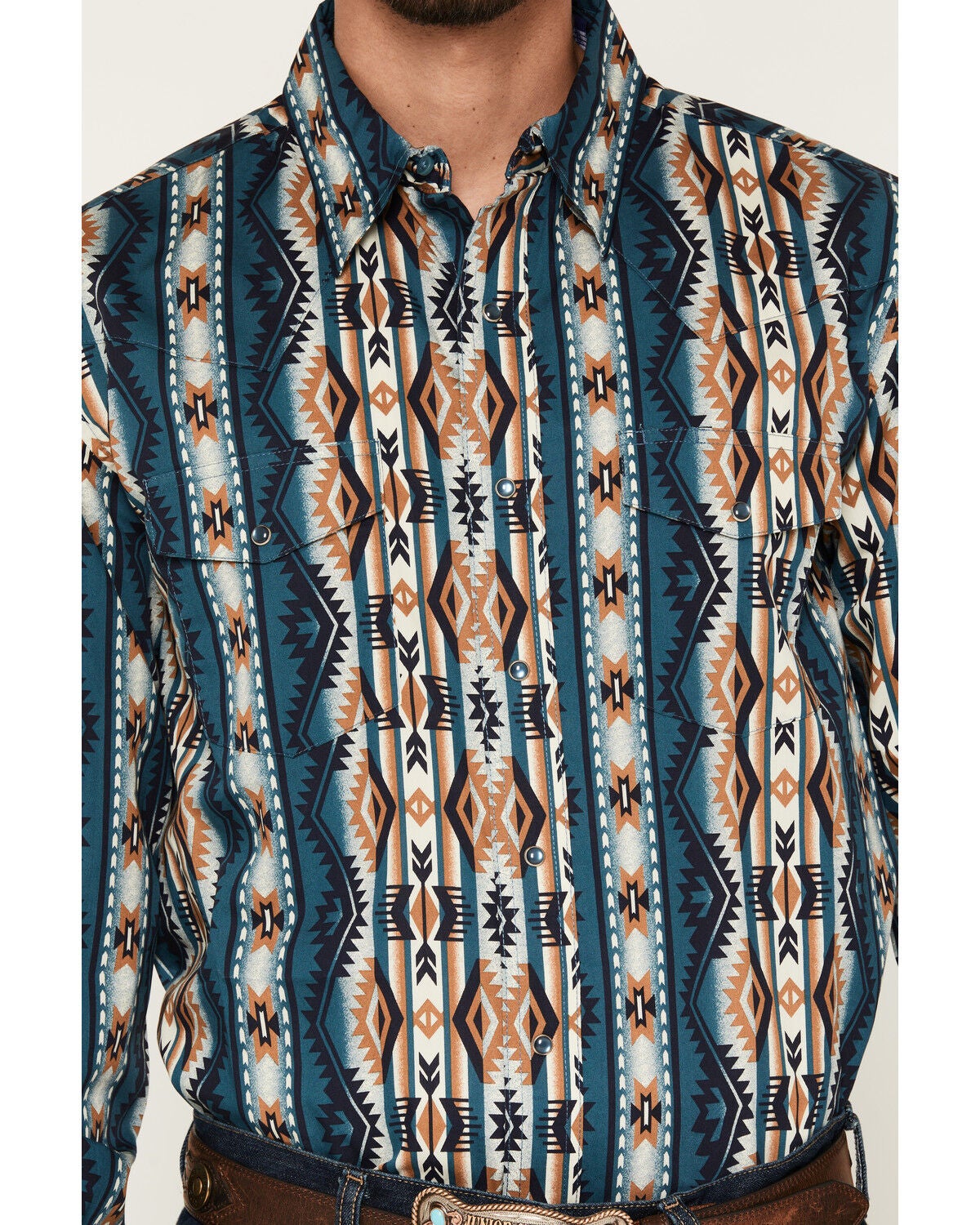 Image #3 - Wrangler Men's Checotah Southwestern Striped Long Sleeve Pearl Snap Western Shirt - Tall, Teal, hi-res