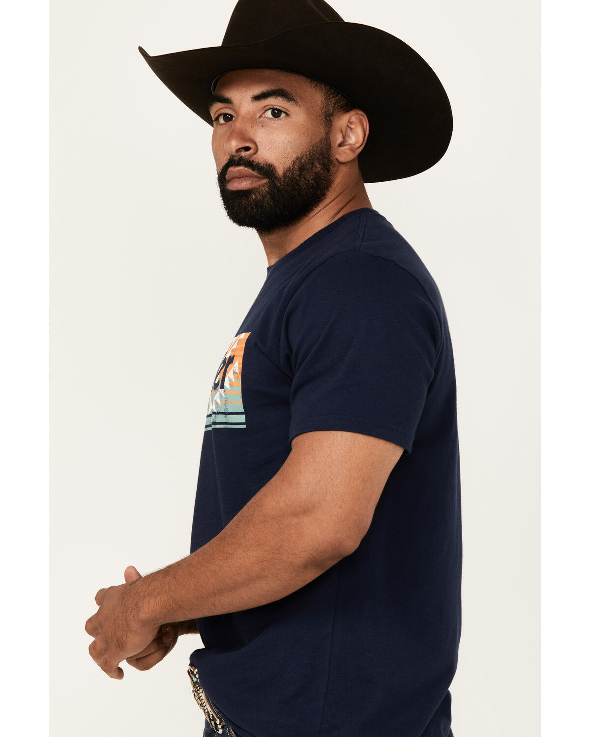 Image #2 - Wrangler Men's Boot Barn Exclusive Southwestern Box Logo Short Sleeve Graphic T-Shirt, Navy, hi-res