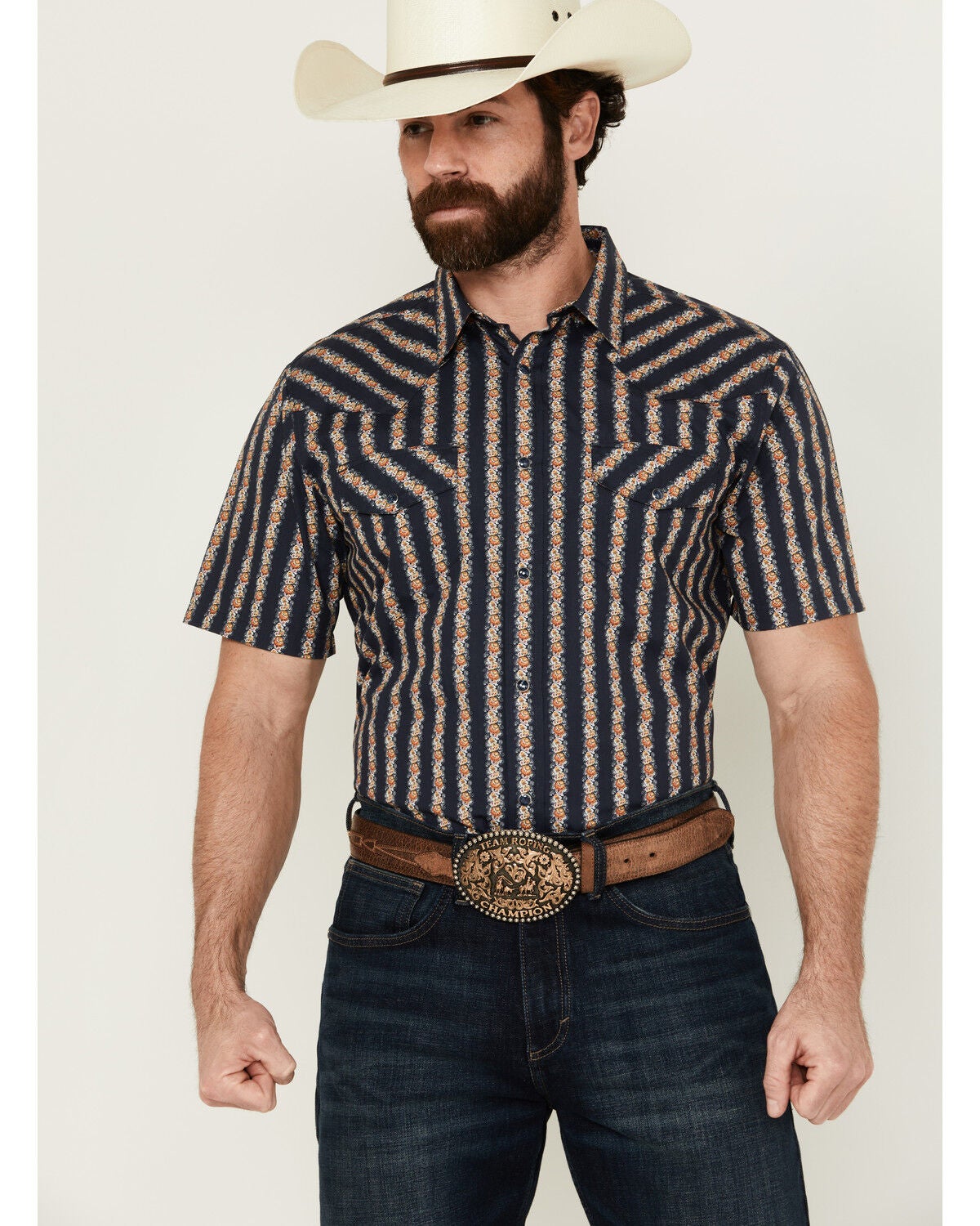 Gibson Men's Belmont Striped Short Sleeve Snap Western Shirt, Navy, hi-res