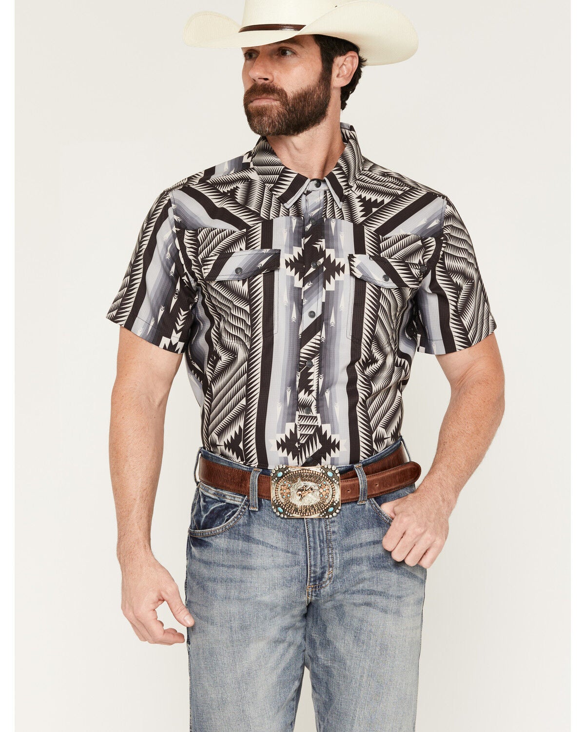 Rock & Roll Denim Men's TEK Southwestern Striped Short Sleeve Snap Performance Western Shirt, Black, hi-res