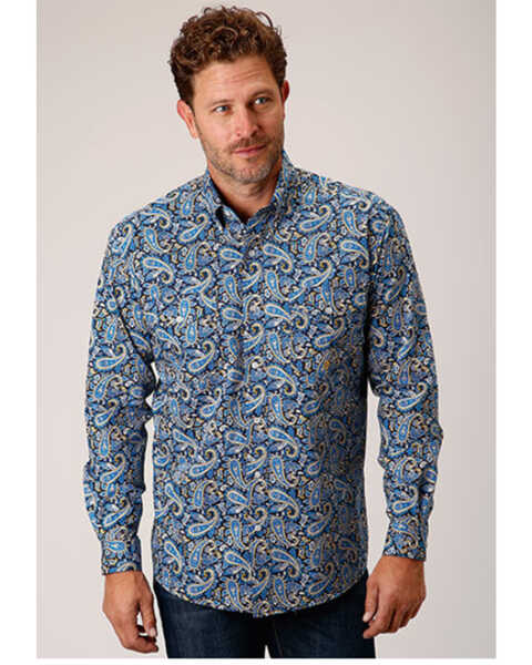 Image #1 - Roper Men's Amarillo Paisley Print Long Sleeve Button Down Western Shirt, Blue, hi-res
