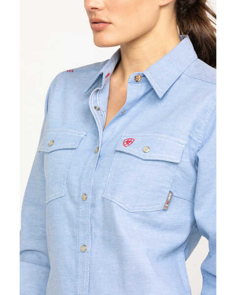 Image #4 - Ariat Women's FR Solid DuraStretch Long Sleeve Snap Work Shirt, Blue, hi-res