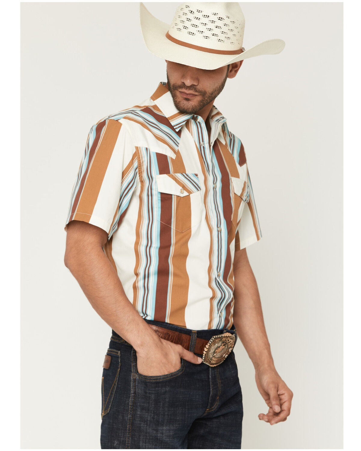 Gibson Trading Co Men's Retro Stripes Short Sleeve Snap Western Shirt - Big, Rust Copper, hi-res