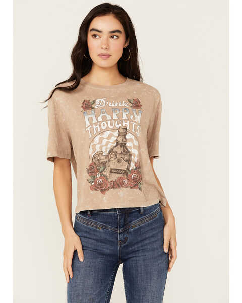 Cleo + Wolf Women's Happy Thoughts Boxy Short Sleeve Graphic Tee, Taupe, hi-res