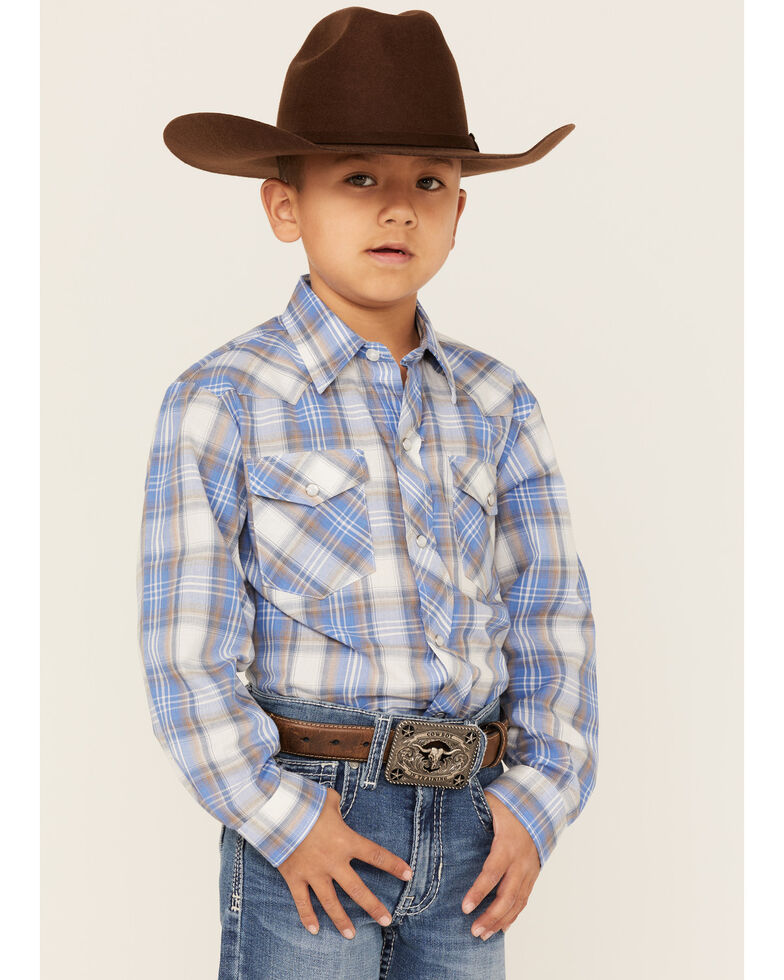 Roper Boys' Classic Plaid Print Long Sleeve Western Snap Shirt, Blue, hi-res