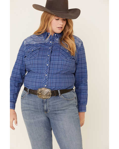 Image #1 - Rough Stock by Panhandle Women's Carrigan Classic Plaid Long Sleeve Western Shirt - Plus, Blue, hi-res