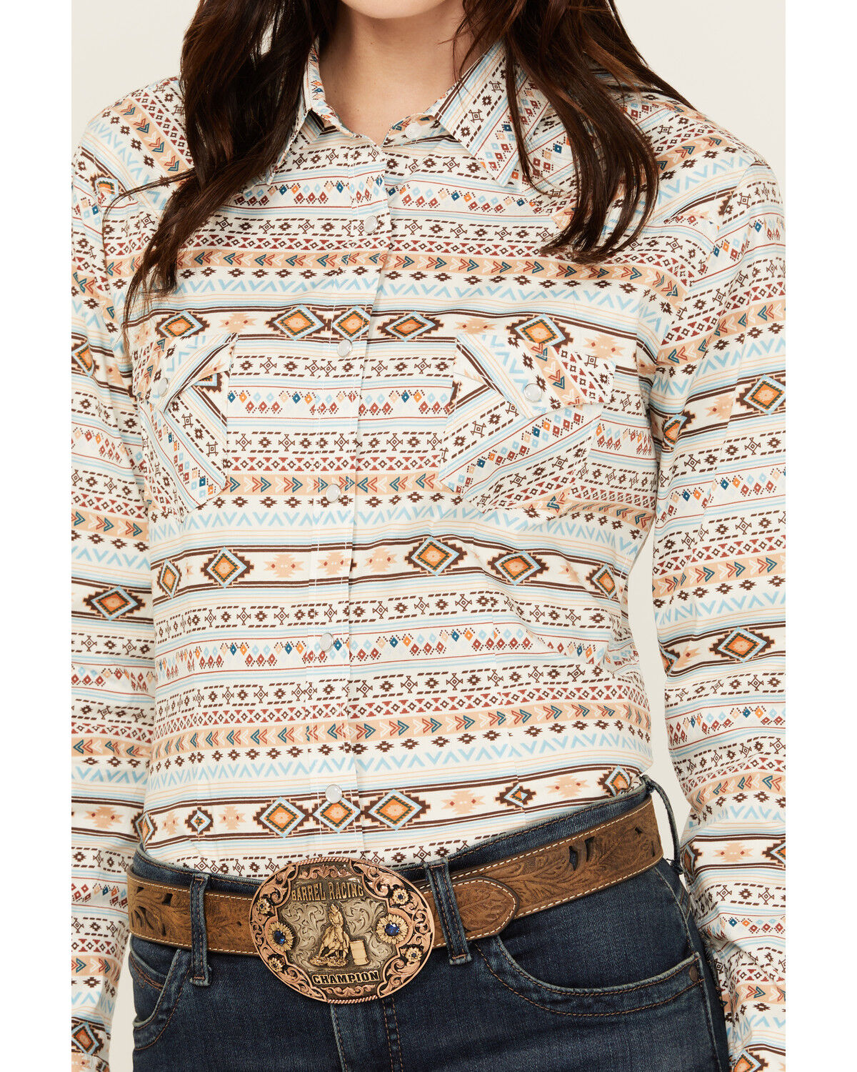 Image #3 - Rough Stock by Panhandle Women's Southwestern Striped Long Sleeve Pearl Snap Stretch Western Shirt, Cream, hi-res