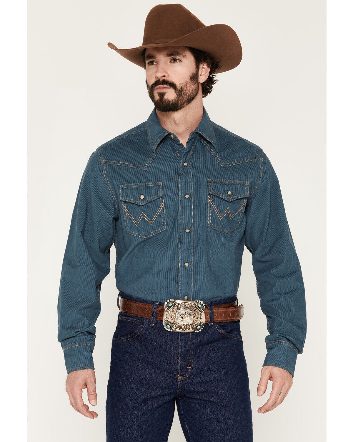 Wrangler Retro Men's Corduroy Solid Long Sleeve Snap Western Shirt, Indigo, hi-res