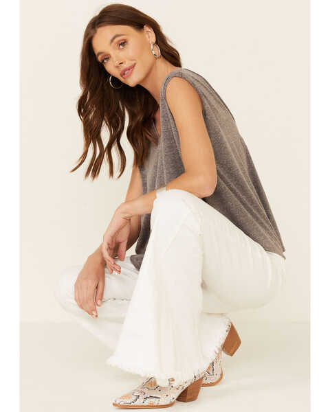Image #1 - Tres Aves Women's Solid Gray Oversized Double V-Neck Short Sleeve Top , Grey, hi-res
