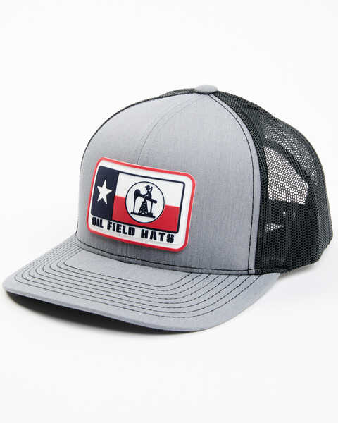Oil Field Hats Men's Texas Flag Pump Jack Logo Rubber Patch Mesh Back Ball Cap , Grey, hi-res