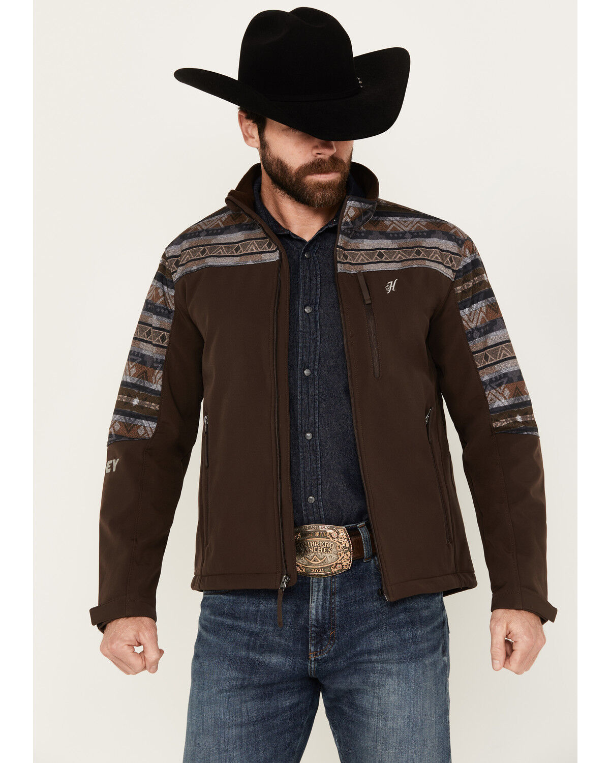 Image #1 - Hooey Men's Southwestern Print Softshell Jacket, Brown, hi-res