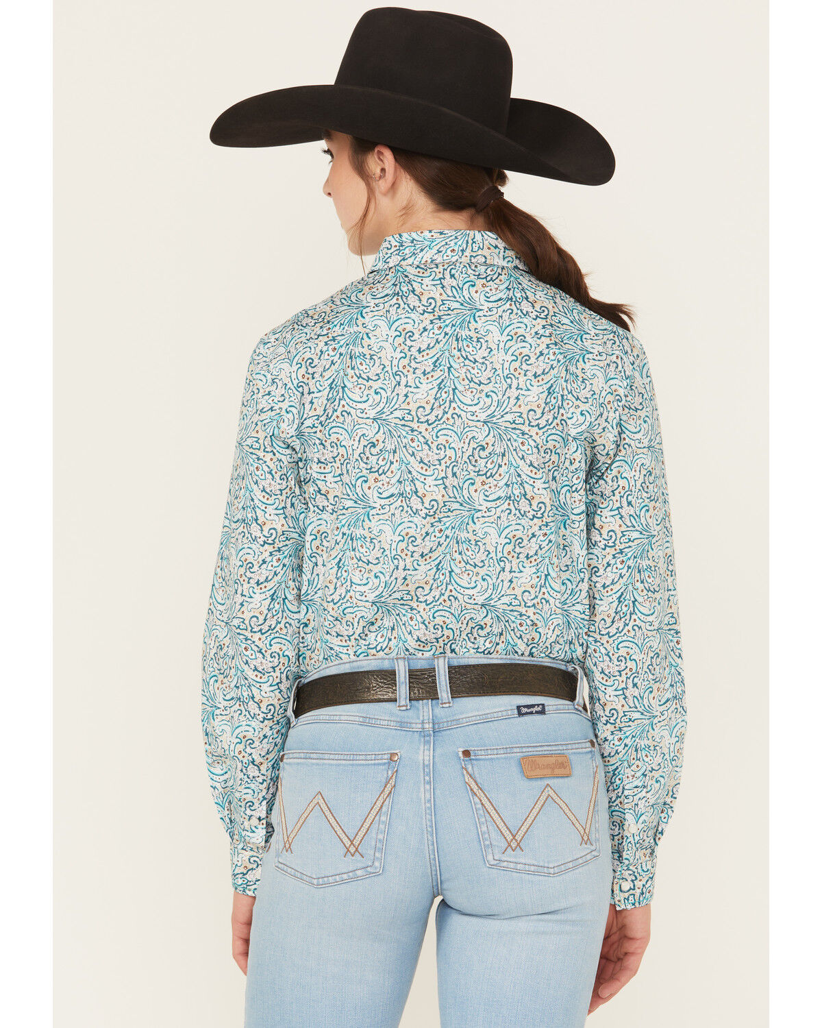 Image #4 - Rough Stock by Panhandle Women's Paisley Print Long Sleeve Pearl Snap Stretch Western Shirt, Turquoise, hi-res