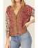 Lovestitch Women's Twin Print Tie Sleeve V-Neck Button Front Top, Red, hi-res