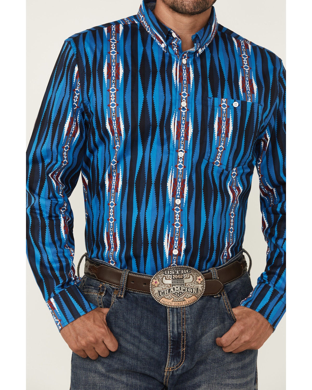 Image #3 - RANK 45&reg; Men's Wooden Southwestern Striped Print Long Sleeve Button-Down Stretch Western Shirt, Blue, hi-res