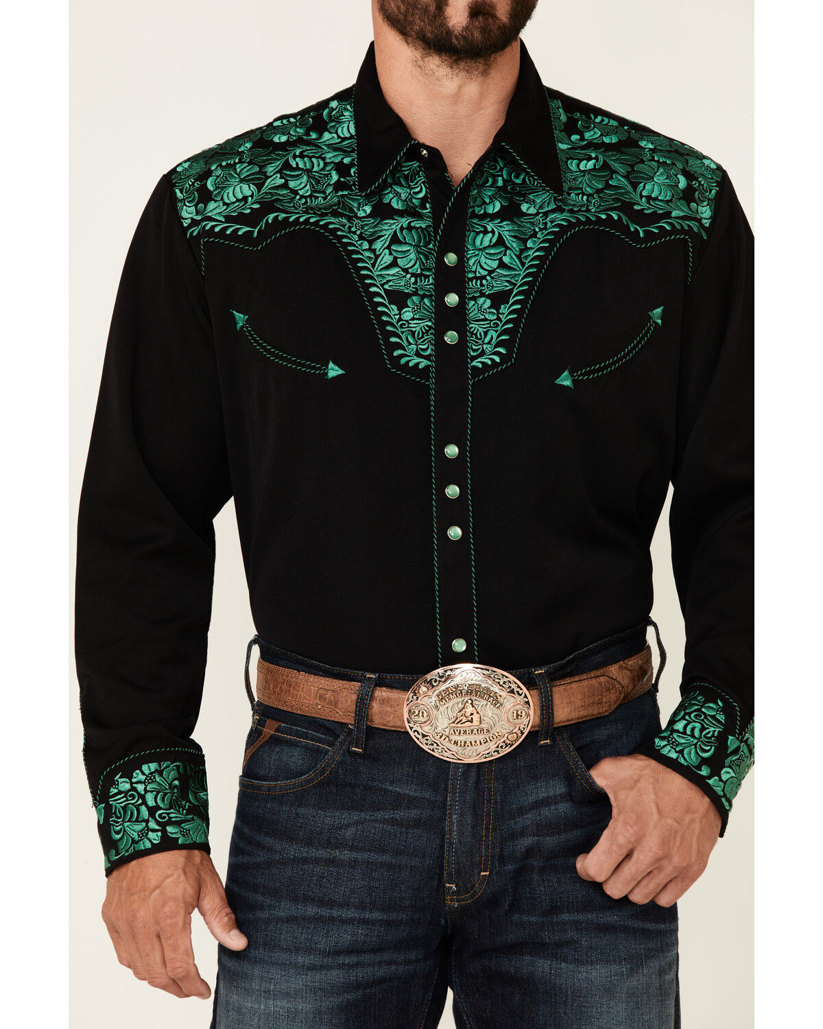 Image #3 - Scully Men's Embroidered Gunfighter Long Sleeve Pearl Snap Western Shirt, Black, hi-res
