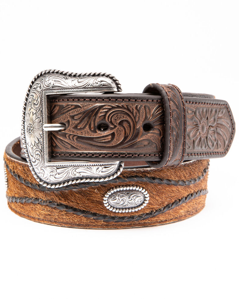 Cody James Men's Brown Hair On Concho Leather Western Belt , Brown, hi-res
