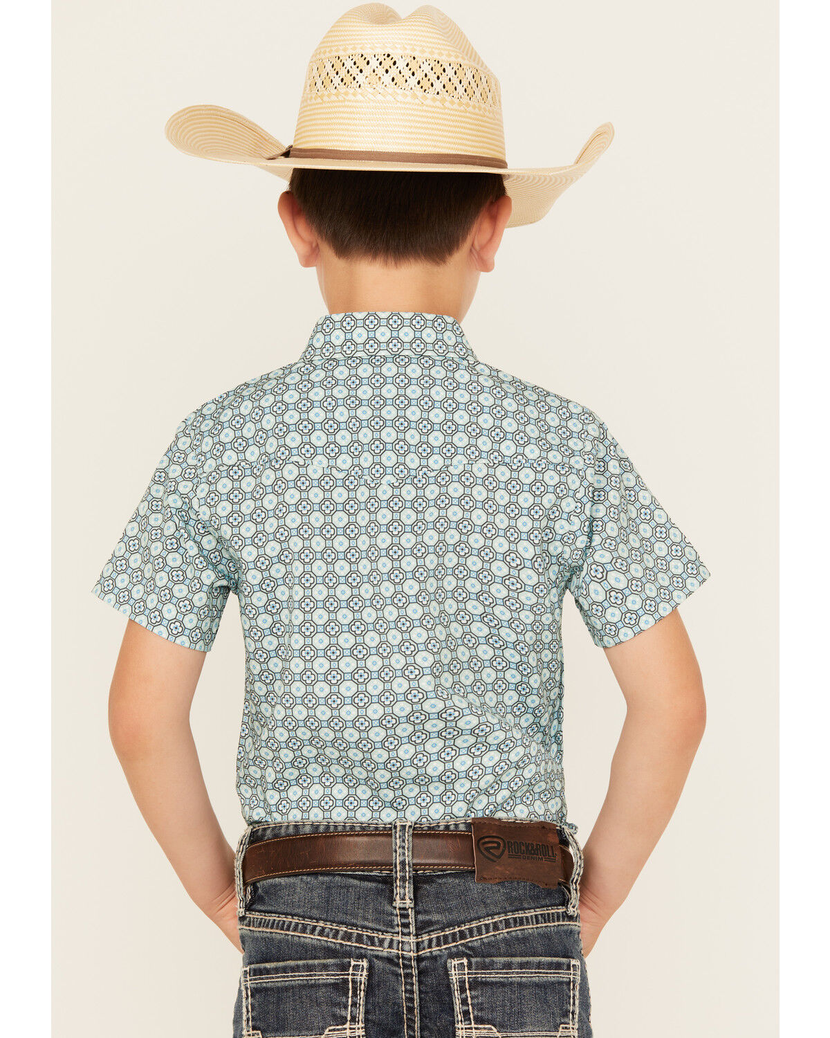 Image #4 - Rodeo Clothing Boys' Medallion Print Short Sleeve Pearl Snap Western Shirt, Teal, hi-res