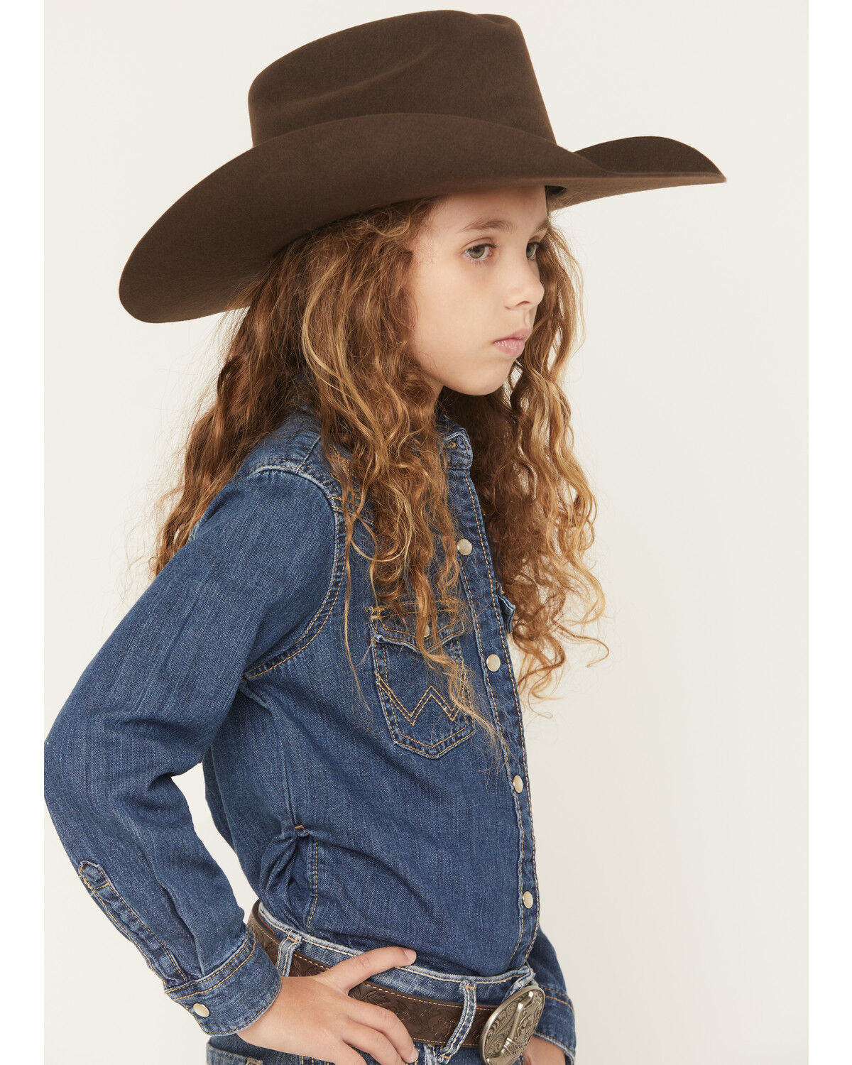Image #2 - Wrangler Girls' Embroidered Denim Long Sleeve Pearl Snap Western Shirt, Blue, hi-res