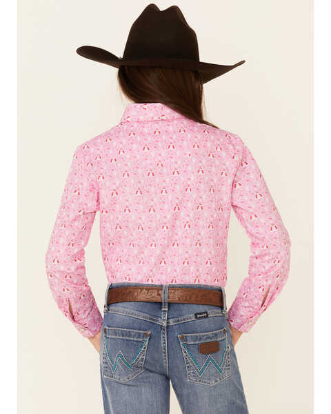 Panhandle Girls' Teepee Print Long Sleeve Western Shirt , Pink, hi-res
