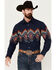 Image #1 - Panhandle Men's Southwestern Border Print Long Sleeve Pearl Snap Western Shirt, Navy, hi-res