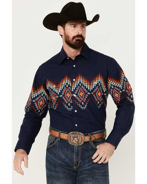 Image #1 - Panhandle Men's Southwestern Border Print Long Sleeve Pearl Snap Western Shirt , Navy, hi-res