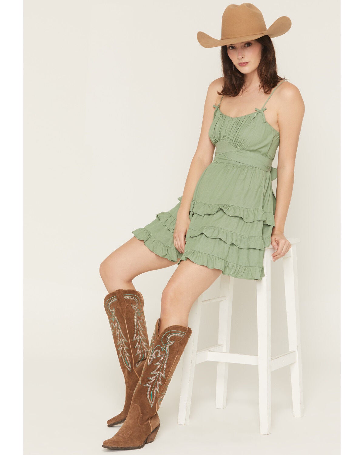 Image #1 - Ash & Violet Women's Sleeveless Tiered Ruffle Mini Dress, Sage, hi-res