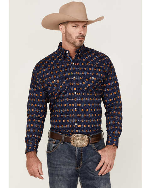 Image #1 - Ariat Men's Relentless Steeled Southwestern Geo Print Long Sleeve Snap Western Shirt , Navy, hi-res